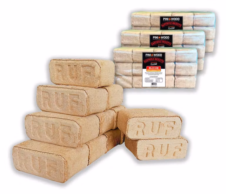 PINI 30 kg di bricchette di legno 100% faggio duro RUF Caminetto stufa barbecue legna da ardere, 36 bricchette