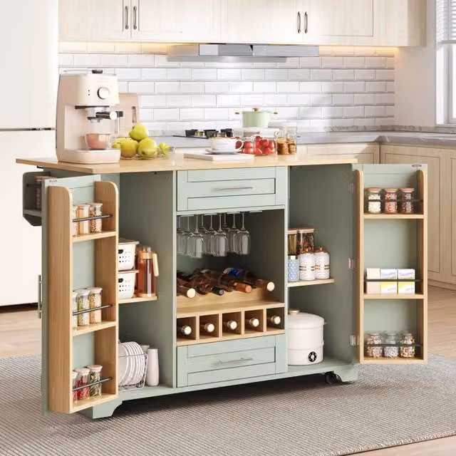 Carrello da cucina con piano ribaltabile in MDF; verde antico; portabottiglie e portacalici; 138 x 45-70 x 92 cm
