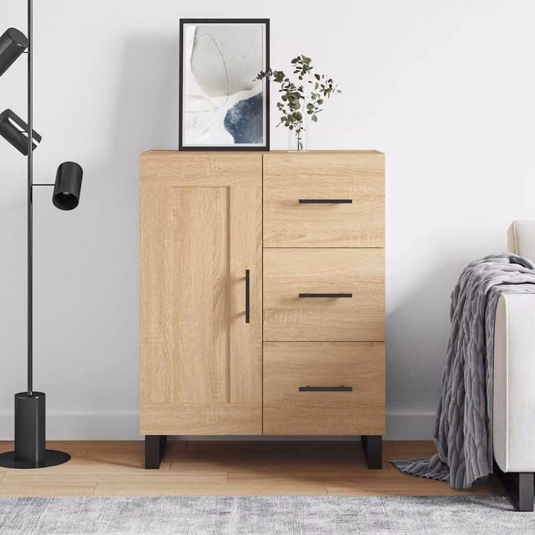 Credenza moderna vidaXL in legno multistrato e metallo, colore rovere sonoma beige e marrone, L: 69,5 cm, P: 34 cm, H: 90 cm