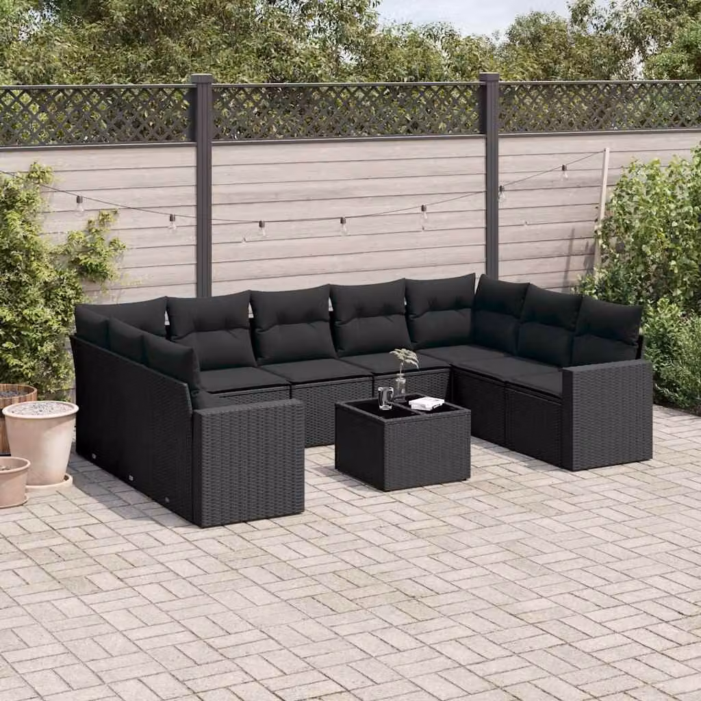 vidaXL Set Divani da Giardino 10 Pezzi in Polyrattan Nero con Cuscini e Tavolino da Esterno – 1