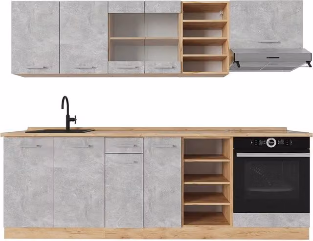 Cucina componibile moderna Vicco R-Line in finitura Calcestruzzo e Rovere dorato, larghezza: 240 cm