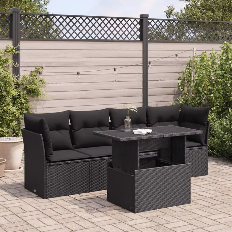 Set da giardino moderno vidaXL composto da 5 pezzi in polyrattan nero con cuscini imbottiti e tavolino da esterno