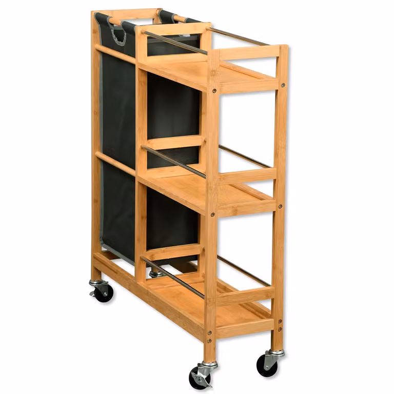 KESPER, scaffale portabottiglie e per la cucina, in bambù, dimensioni 68x20x78 cm, con 3 ripiani, contenitore estraibile e ruote – modello 2485713