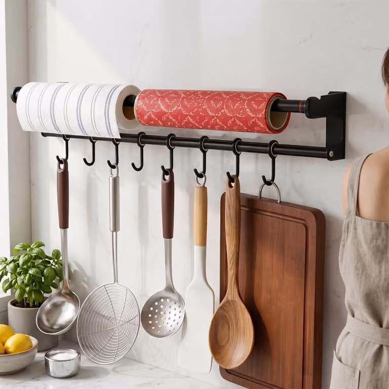 Elzusha - Portaoggetti da cucina da 70 cm con dispenser per carta da cucina e 8 ganci, colore nero - Montaggio senza fori