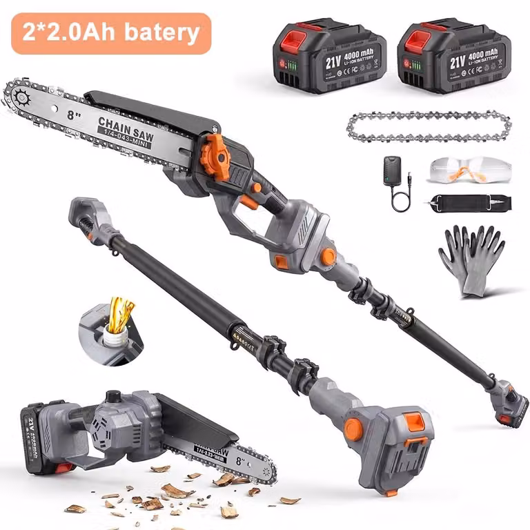 Troncatrice a batteria - Motosega a batteria per potatura - Motore brushless - Lame da 20 cm - Portata di 4,6 metri - 2 batterie da 4 Ah - Lubrificazione automatica della catena - 20 V
