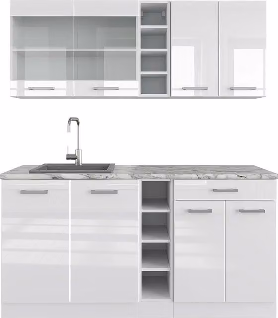 Cucina completa R-Line Bianco lucido/Bianco 160 cm, PL Marmo Vicco