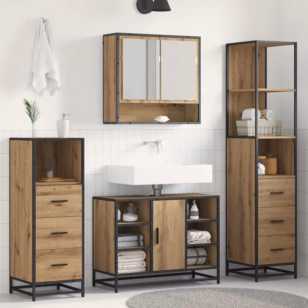 Set di mobili da bagno moderno vidaXL in 3 pezzi marrone con mobiletto specchio, base lavabo e colonna alta in legno e metallo