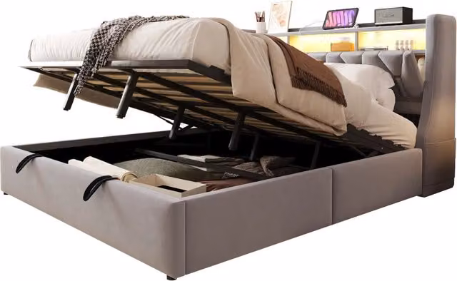 Letto matrimoniale 180x200 cm con contenitore idraulico; LED e prese USB-C in velluto grigio chiaro