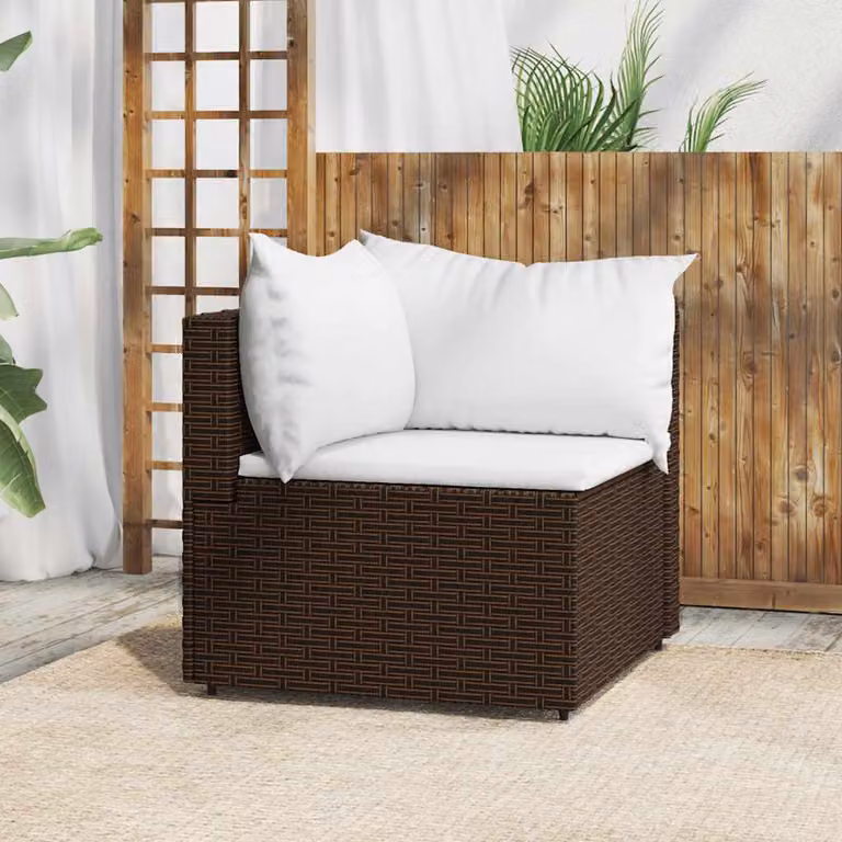 vidaXL Divano Angolare da Giardino Moderno in Polyrattan Marrone con Cuscini Bianchi