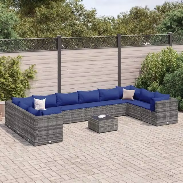 Set da giardino vidaXL composto da 11 pezzi con divani a L, tavolino da caffè e cuscini in polyrattan grigio e blu con struttura in acciaio verniciato a polvere