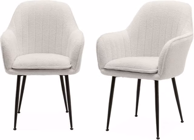 Set di 2 poltrone moderne Sweeek in tessuto bouclé bianco con struttura in metallo nero opaco e braccioli