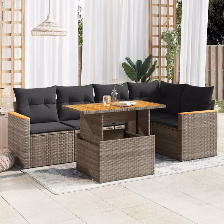 Set Divano da Giardino a L vidaXL in Polyrattan e Legno di Acacia con Cuscini e Tavolino, 6 Pezzi, Grigio