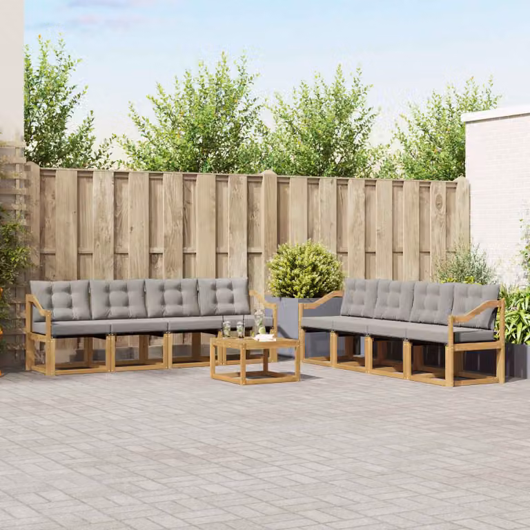 Set di divani da esterno vidaXL 9 pz a forma di U in legno di acacia con tavolino e cuscini, Bianco e Grigio Chiaro