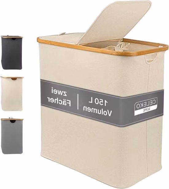 Sistema di raccolta luce per lavatrice 2 cassette con coperchio 150 litri tessuto in bambù grande XXL sistema di classificazione raccoglitore di bucato - beige - alta capacità