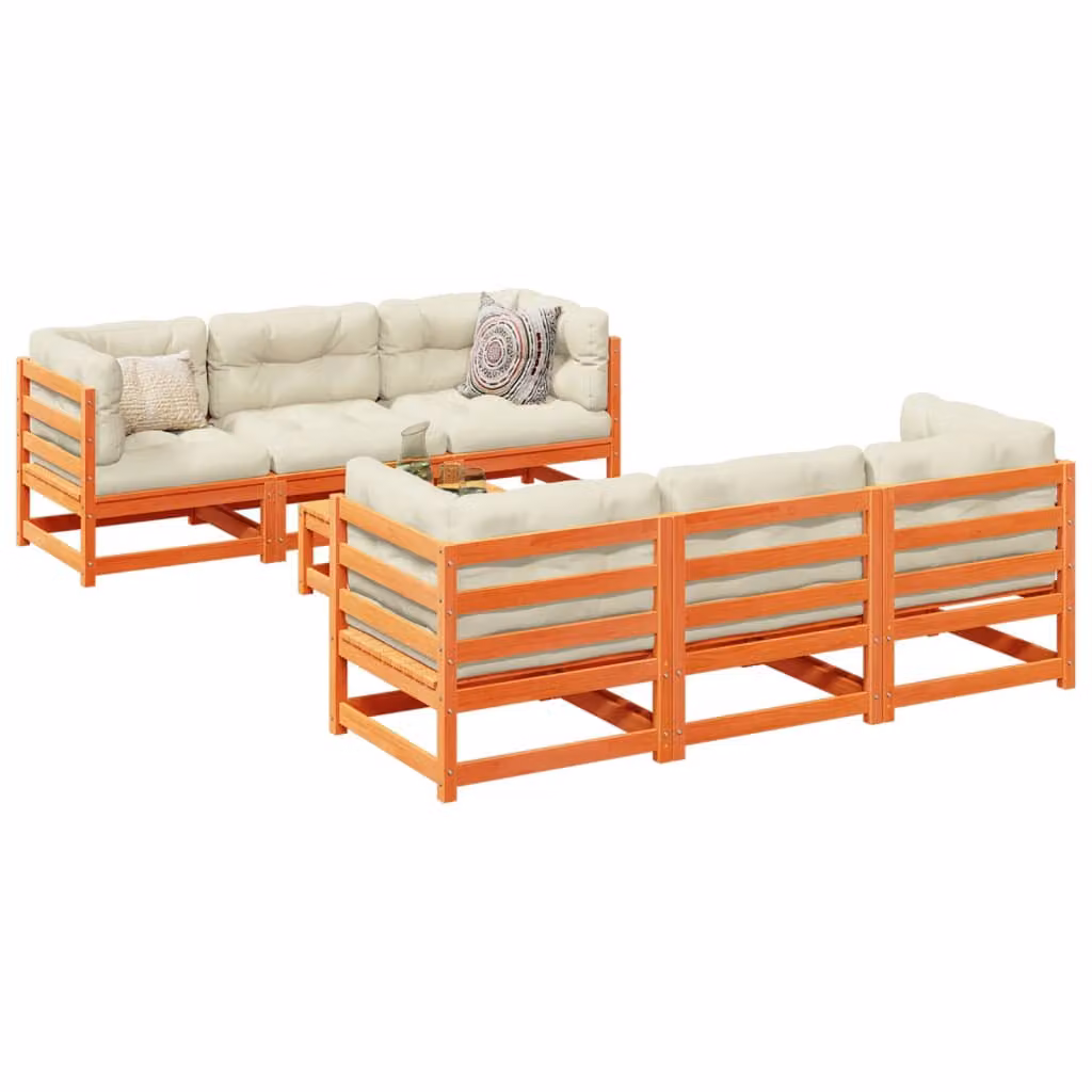 Set di divani da giardino vidaXL in legno massello di pino con cuscini marrone e beige, composto da 7 pezzi in stile rustico