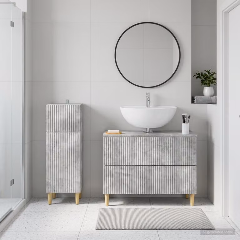Set di mobili da bagno vidaXL ARNHEM composto da 2 pezzi, mobile lavabo e mobile contenitore, colore grigio cemento, design moderno con ante a cerniera e ripiani interni