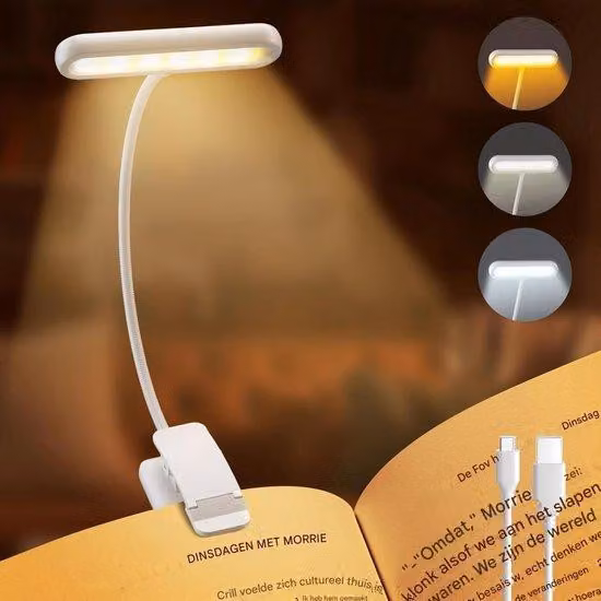 Lampada da lettura ampia con clip per libri - 1 pezzo - Lampada da lettura - Fascio luminoso ampio - Ricaricabile tramite USB-C - 3 colori e 5 livelli di luminosità regolabili - Collo flessibile - Lampada compatta - Lampada da lettura per bambini - Bianco