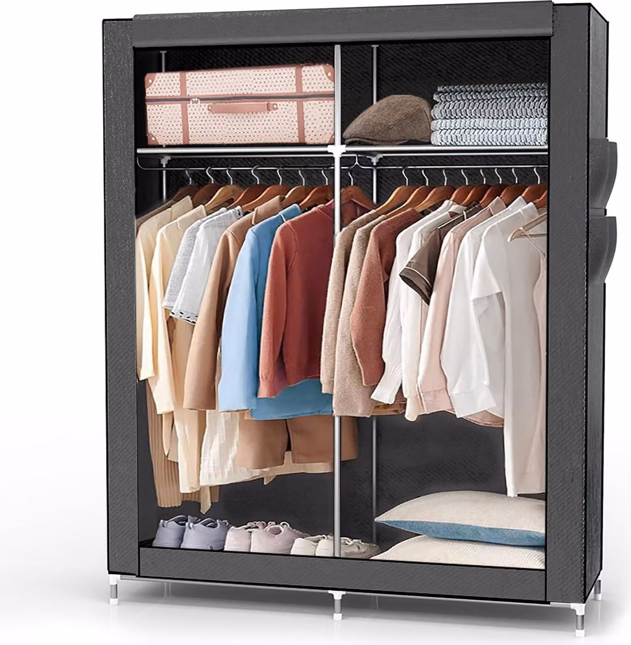 Armadio pieghevole Intirilife 108x170x45 cm in GRIGIO CENERE - con cerniera Armadio in tessuto Armadio con asta appendiabiti, scomparti e tasca laterale - armadio da campeggio armadio in tessuto