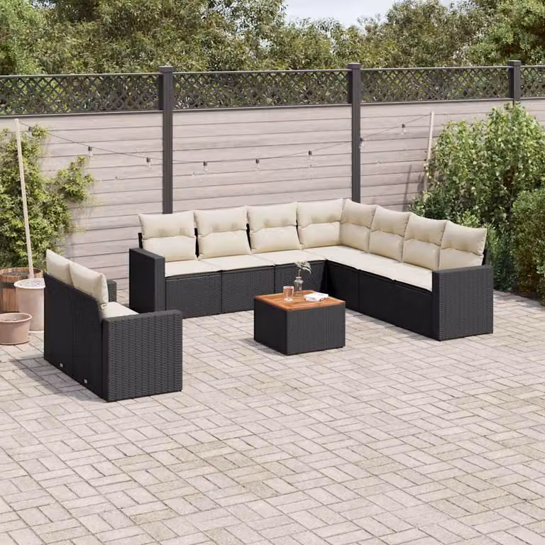Set di divani da giardino vidaXL in polyrattan nero con cuscini e tavolino da esterno