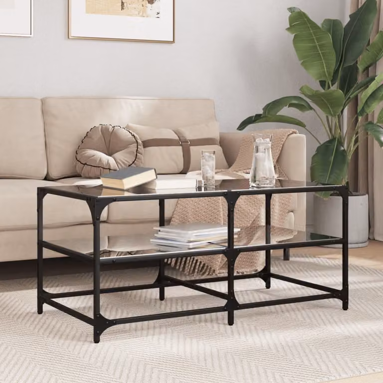 Maison Exclusive - Tavolino da caffè con piano in vetro, nero, 98,5x50x45 cm, struttura in acciaio