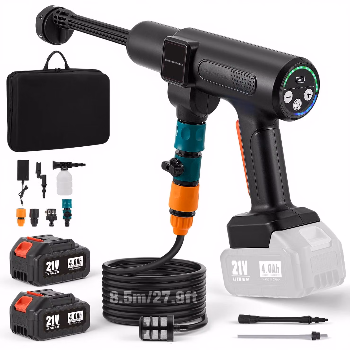 Idropulitrice a batteria - 1200 PSI - Motore brushless da 800W - Ugello 6-in-1, 2 livelli di pressione - Tubo dell'acqua incluso - Batteria non inclusa - Colore: nero