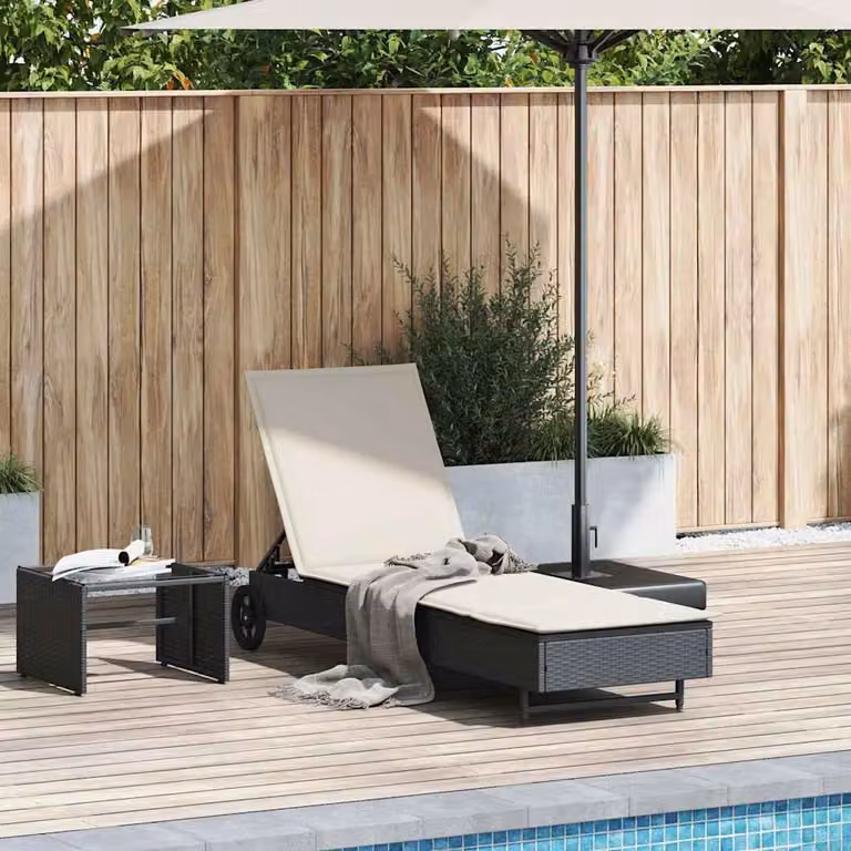 vidaXL Lettino Prendisole in Polyrattan con Ruote e Cuscino Regolabile Nero e Bianco