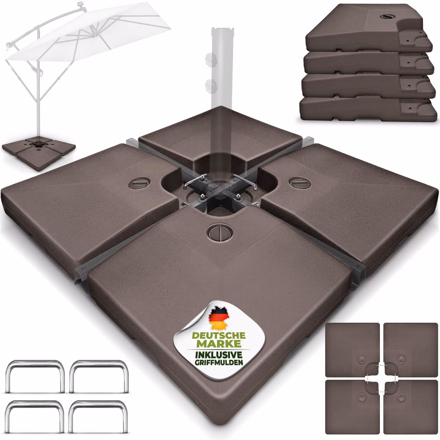 Supporto per ombrellone tillvex® marrone 90 litri / 120 kg – 4 pezzi per ombrellone a braccio incl. connettore in metallo | Peso dell'ombrellone: riempibile con acqua o sabbia | Supporto per ombrellone a braccio resistente alle intemperie