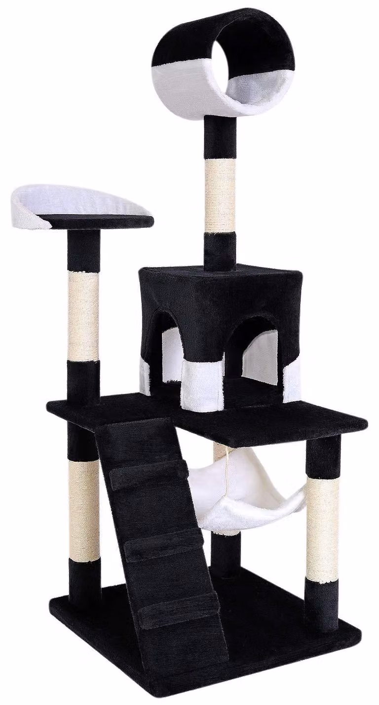 tiragraffi lionto, elegante albero per gatti da 133 cm con copertura in peluche, robusti pali in sisal e versatili aree di riposo, nero/bianco