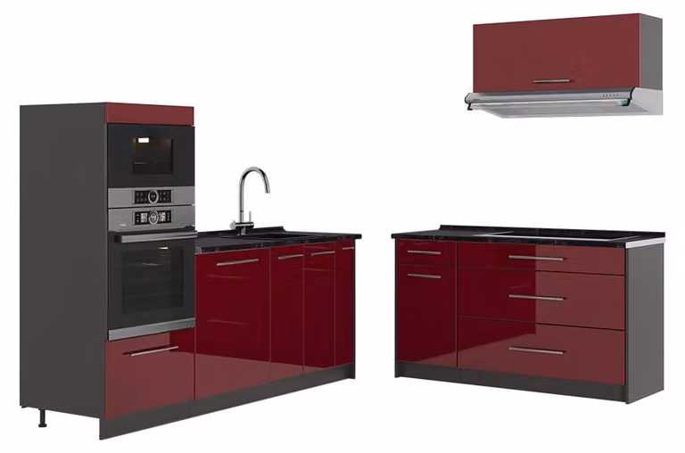 Cucina Vicco Fame-Line Bordeaux lucido/Antracite 340 cm senza piano di lavoro, Model 63876