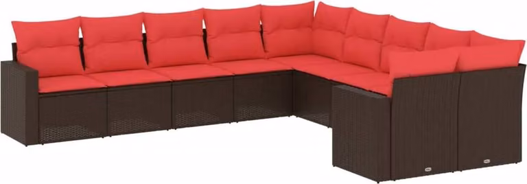 Set Divani da Giardino 10pz con Cuscini in Polyrattan Marrone