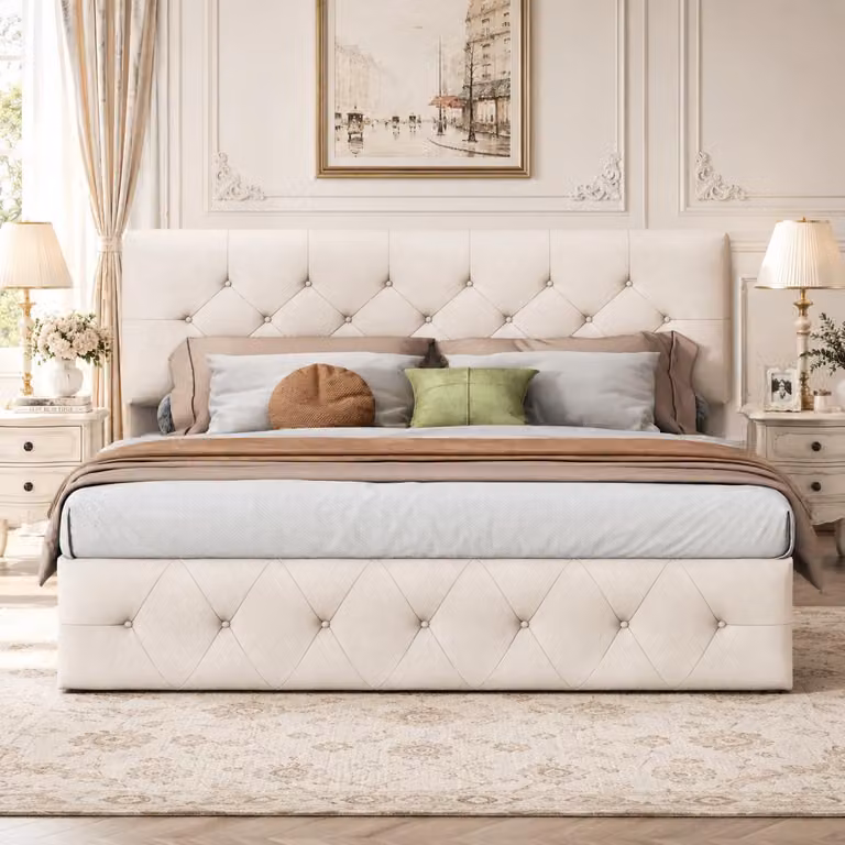 Letto matrimoniale con boxspring 140x200 cm, completo di rete a molle, con struttura imbottita, sistema di sollevamento idraulico e spazio contenitore. Letto per giovani con struttura e contenitore integrato, rivestito in velluto color beige