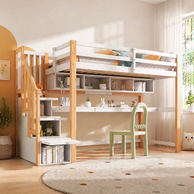 Letto a soppalco per bambini con scrivania; scala contenitore e libreria; 90x200 cm; bianco e rovere