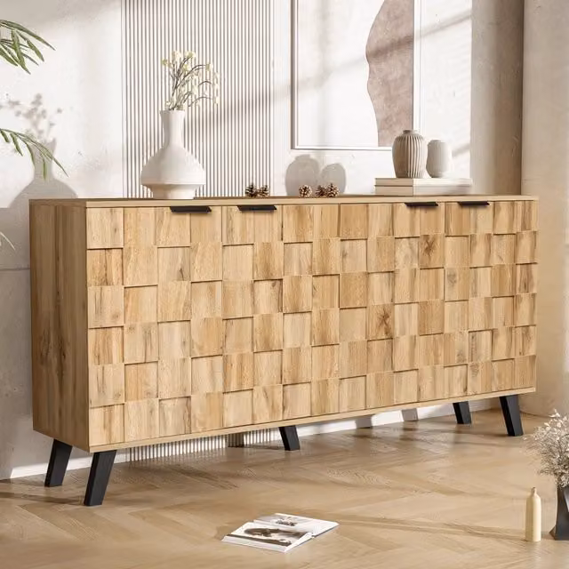 Madia moderna con 4 ante e ripiani regolabili in legno color marrone per soggiorno, camera da letto o sala da pranzo, L: 160.5 cm, P: 35.5 cm, H: 78 cm