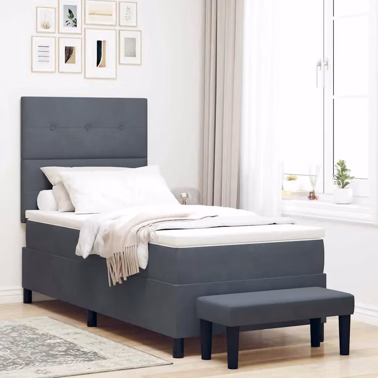 Letto a molle con testiera vidaXL in velluto grigio, L: 90 cm, H: 128 cm, P: 203 cm
