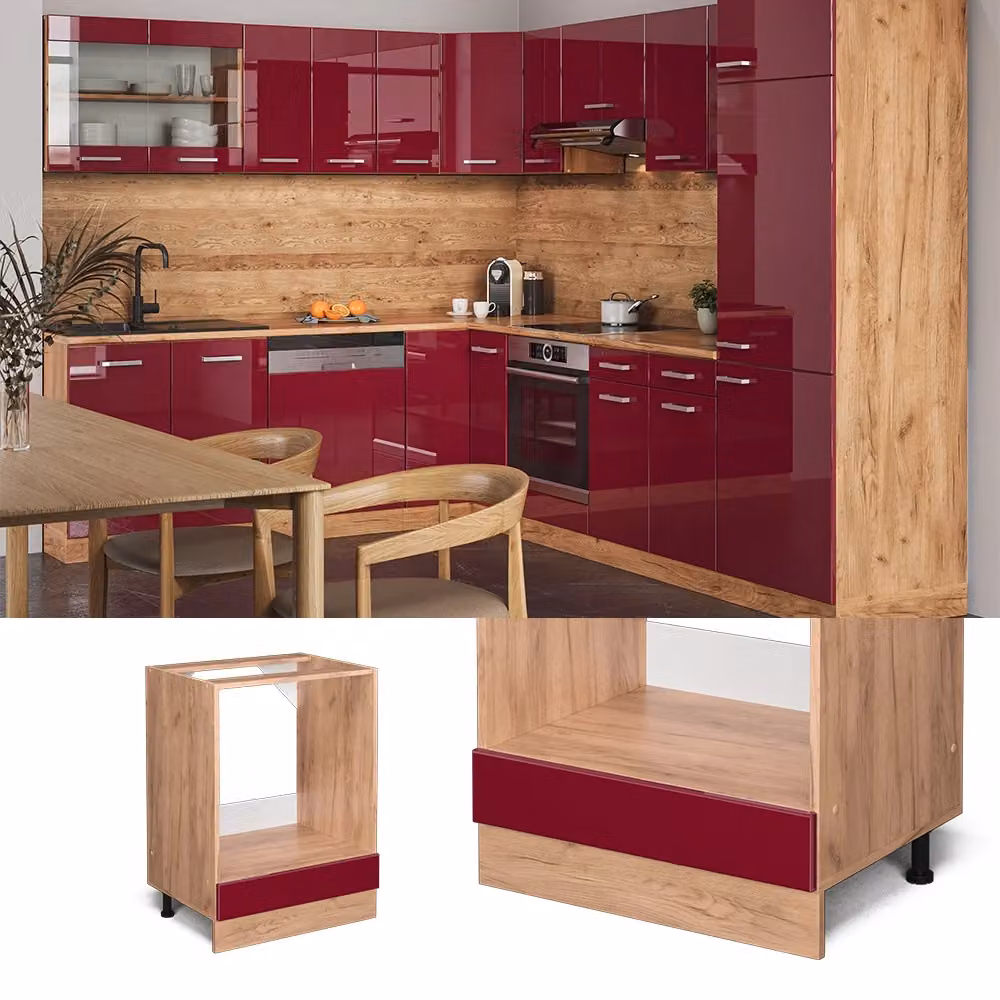 Mobile per forno da incasso Vicco R-Line Rosso lucido e Rovere dorato L: 60 cm – 2