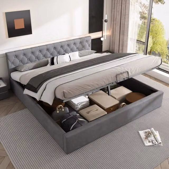 Letto contenitore matrimoniale 180 × 200 cm, sollevamento idraulico, testiera bottonata, senza materasso, grigio