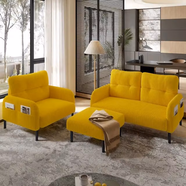 Set salotto 3 pezzi in velluto a coste giallo con divano 2 posti; poltrona e pouf
