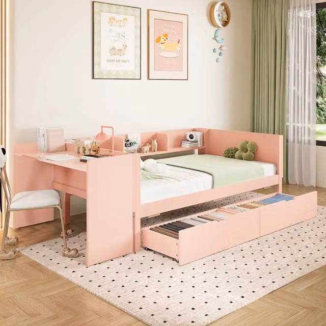 Letto singolo elevato WISHDOR con scrivania integrata, cassetti e ripiani, in legno e MDF, colore rosa, L/P/H: 200 x 90 x 150 cm