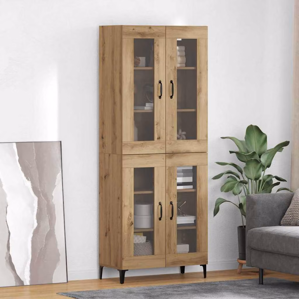 Credenza moderna vidaXL in rovere e metallo con ante in vetro, colore marrone, L: 69,5 cm, P: 34 cm, H: 180 cm