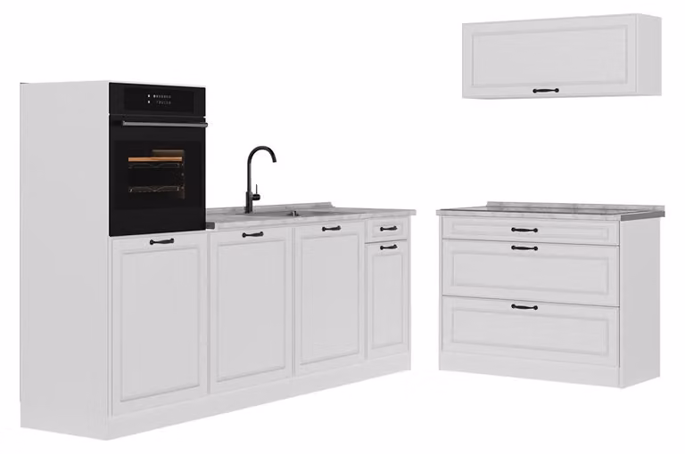 Cucina componibile Vicco R-Line Bianco country/Bianco 220 cm piano di lavoro Marmo, Model 68144