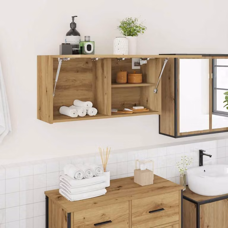 Mobiletto da bagno sospeso vidaXL in MDF marrone con ante a battente e ripiani interni L: 80 cm, P: 25 cm, H: 40 cm