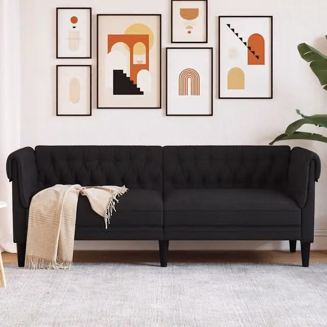 Divano Chesterfield a 3 Posti vidaXL in Tessuto Nero L: 201.5 cm, P: 74.5 cm, H: 74.5 cm – 1
