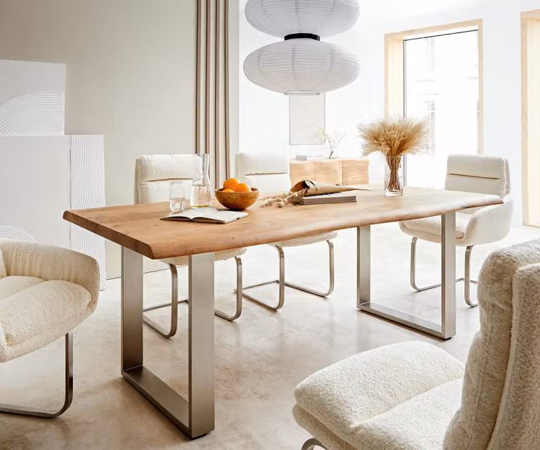Tavolo da pranzo DELIFE Edge 200x100 XL Acacia naturale Acciaio inossidabile Live-Edge stretto