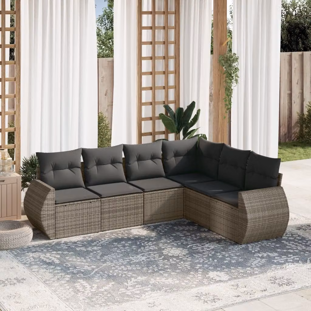 vidaXL Set Divano da Giardino a L in Polyrattan Grigio con 6 Cuscini Imbottiti e Coperture Rimovibili – 1