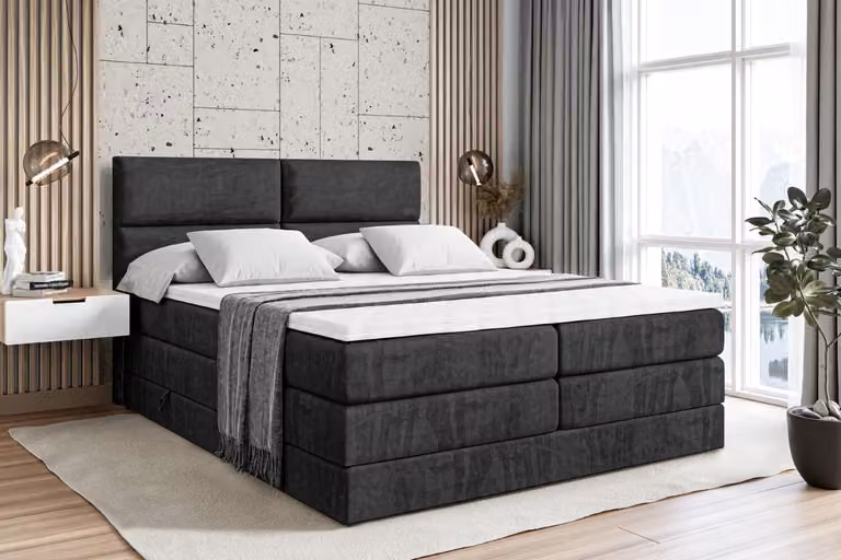 Letto boxspring ALTDECOR con 2 materassi e topper - 200x200 cm - BOXI3 KING - Velluto nero - Letto imbottito con materassi H3 e H4, contenitore e rete a doghe, letto con spazio contenitivo