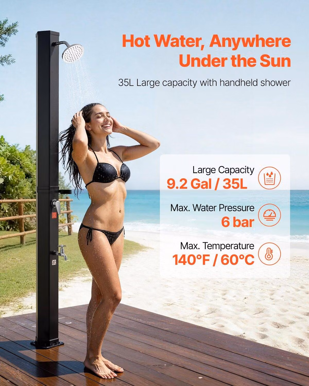 Doccia riscaldata a energia solare da 35 litri, doccia esterna con soffione alto 195 cm, rubinetto a pedale e portasapone, regolazione acqua calda e fredda, indipendente per piscina in giardino, piscina a bordo mare, colore nero.