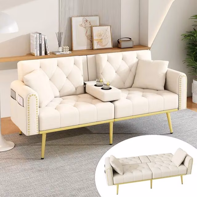 Divano letto estraibile ¨C Minimal ¨C Tessuto beige, 3 angoli di inclinazione regolabili, portabibite