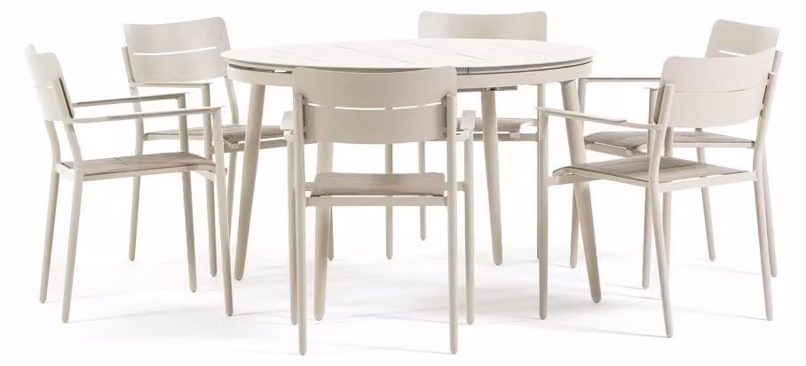 Set da pranzo da giardino con tavolo rotondo allungabile Ø 120/170 cm in alluminio e 6 sedie imbottite in textilene per terrazza, esterni - Roberto + Nora