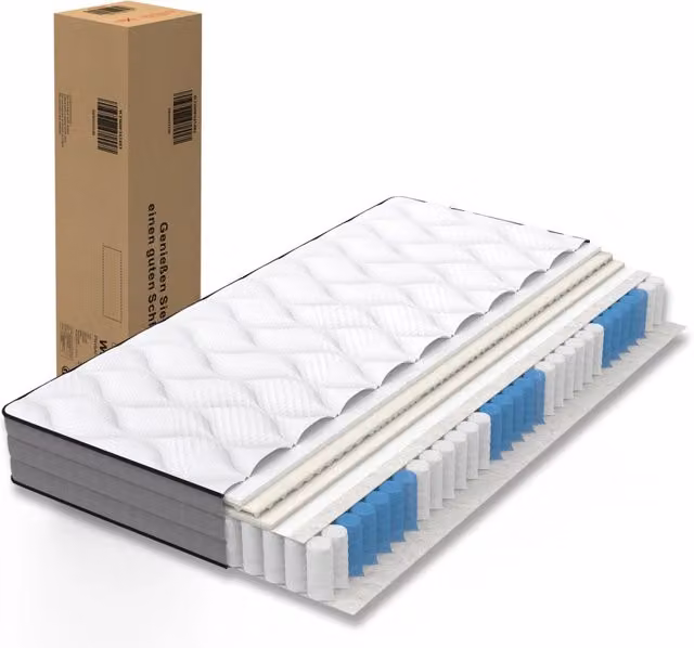 Materasso ibrido MODFU a 7 zone con molle insacchettate e memory foam, bianco e grigio, 180x200 cm