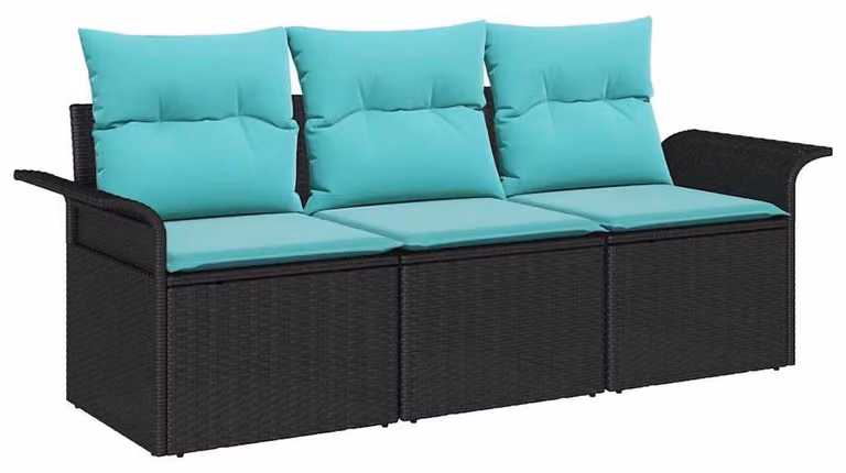 Set Divano da Giardino con cuscino 3 pcs Nero Poly Rattan